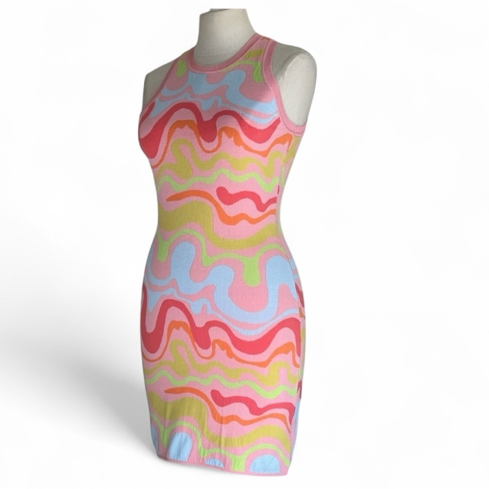 Nicole Miller Knit Psychedelic Colorful Wave Pattern Bodycon Sleeveless Dress XS
